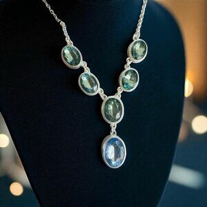 Trifari Sterling Silver Green Blue Topaz Gemstone Y Drop Necklace NWOT